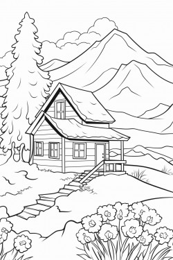 switzerland landscape with a quaint stone house surrounded by flowers and a cypress tree a owl on a tree branch