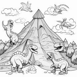 create a scene with playful dinosaurs sliding down a volcano and swinging on trees