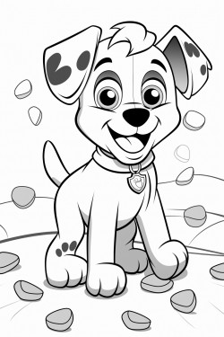 happy puppy surrounded by paw prints