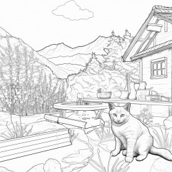 mountainous property ranch house with several cats playing outside near birdbath and simple yard plants