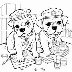 create a school safety coloring page that includes english bulldog puppies as the students
