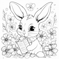 rabbit looking at the note with wide eyes surrounded by colorful flowers that seem to glow with magic