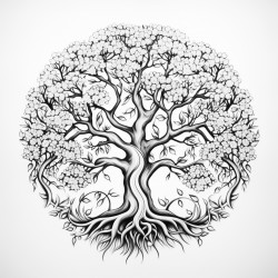 create a magical tree with mandla pattern on it and zentangle nature art with thick lines
