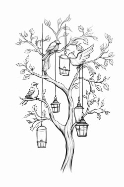 tree branch overhead lanterns hanging from branch tree branches surrounding lower part of page with birds sitting on them