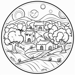 a small village surrounded by rolling hills and a large ancient olive tree in the center