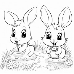 rabbit hopping joyfully among her friends who are busy with their morning activities