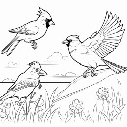 a cardinal a blue jay and a gold finch flying around a big open field