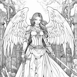 a gothic angel holding a sword standing in a graveyard with gothic arches in the background