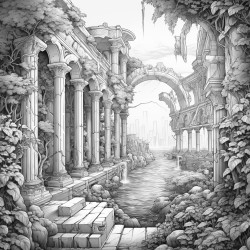 ancient city columns ivy near sea ancient god coming from sea