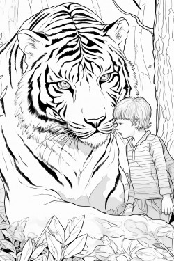 playing boy with tiger in dark forest