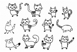 create a collection of playful cartoon cats depicted in various dynamic poses include additional elements such as paw prints fish bones and bows scattered around the cats