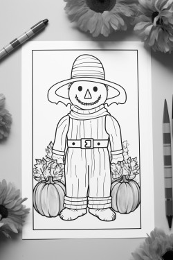 fall coloring page for kids with a scarecrow