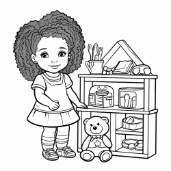 african american cute girl playing with dolls and a doll house