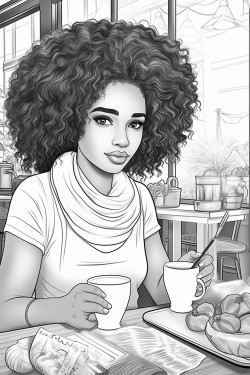 please create a coloring page with cute curly hair black girls in coffee shop
