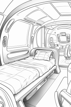 space ship cabin c bed with screens with desk space futuristic detail coloring book