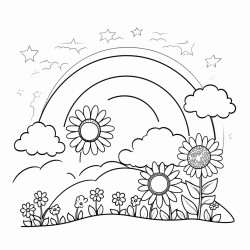 design a blackandwhite line art image of a sunshine days easy and fun scenes with sunflowers rainbows and clear skies