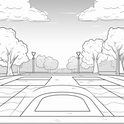 a large cement pad with a basketball court in the background and a grass field to the side