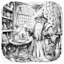 happy wizard in a room with magic artifacts