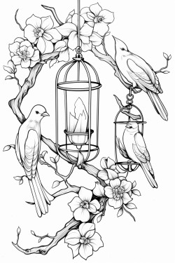 tree branch overhead lanterns hanging from branch tree branches surrounding lower part of page with birds sitting on them