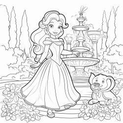 the princess exploring a magical garden filled with flowers and fountains
