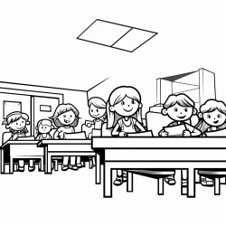 a classroom with children sitting at their desk facing the teachers desk
