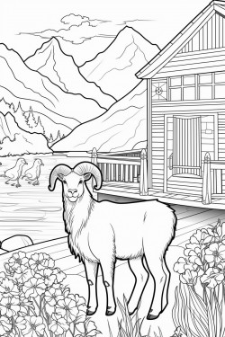 a wild goat switzerland landscape with a quaint stone house surrounded by flowers wooden dock extending into a lake