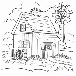 create a coloring page with clear thin line art and no shading or filled areas the design should feature a barn