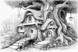 schiefes haus im wald mit bergroen pilzen und bumen