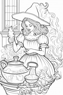 victorian style witch stirring a bubbling cauldron