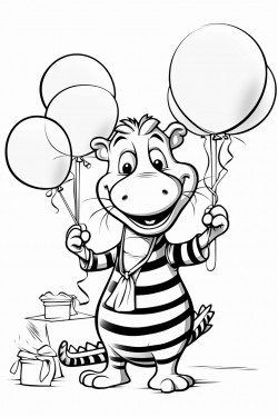 an alligator holding balloons dancing with a zebra at a tea party