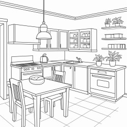 a square shaped kitchen with a kitchen island and a small table