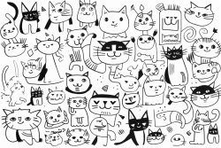 collection of playful cartoon cats in various dynamic poses each positioned separately and randomly across the canvas include additional elements such as paw prints fish bones and bows scattered around the cats colouring book line drawing white