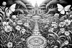 a complex labyrinth set in a garden with flowers and butterflies along the path