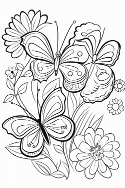 please draw a coloring page in a simple style with cute cartoonstyle  butterflies flying on magical flowers