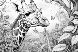 a giraffe feeding on leaves in the jungle while birds are flying up in the sky