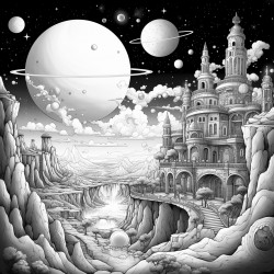 bulidings mixed with saturn and stars that bring nostalga