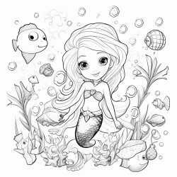 bolt and simpel black and wite coloring page of cute mermaid sarounded by sea creachers and seashells clipart style