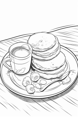 pancakes and a poached egg on the table with two cups of coffee