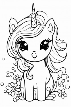 baby chibi unicorn with lots of flowers in a field