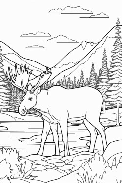 moose in a forest clearing a moose standing in an open forest clearing with trees and mountains in the distance