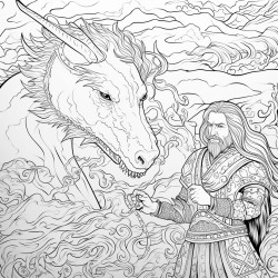 tapestry of dragon getting attacked by noblemen while also  interacting with reindeers in a tundra