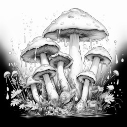 mushrooms with glowing spots and cosmic dust floating around them
