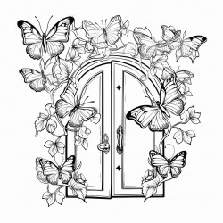 a heavy wooden door  opened with a old fashioned skeleton key to release hundred of butterflies and luna months