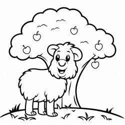 simple black and white line drawing crayon coloring page style anima style large ram turning left on his hind legs slightly facing left around large apple tree his head looking down to his right