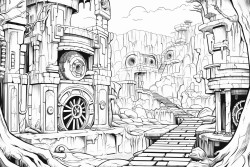 delapidated temple with clockwork features around it hidden in a box canyon