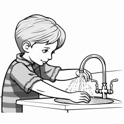 a kid rubbing and washing his hands under the tap water image should be black and white