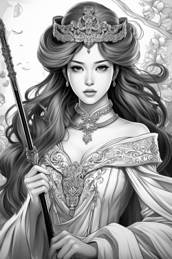 beautiful likeable asian princess hero with a dagger on her belt a princess crown and sceptre in long flowing robes