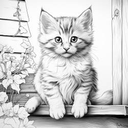 a cute kitten sitting outside her house