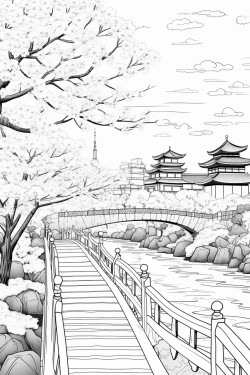 cherry blossom tree in full bloom with falling petals in the background a river and japanese bridge