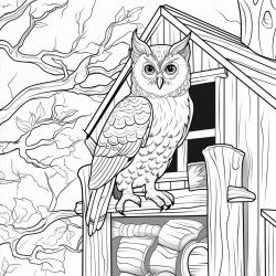 a extreme closeup of a wise old owl threequarter view to the left in a cozy treehouse interior